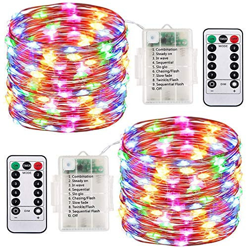 Avyvi 2 Pack Battery Operated Outdoor String Fairy Lights Waterproof 8 Modes 100 LED 33ft Fairy Lights with Remote Outdoor Light Christmas Decor Bedroom Party Wedding Lights Garden (Multicolor, 2)