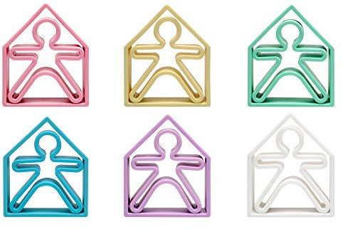 Spiel-Beißring 12er-Set, 100% Silikon, fördert Feinmotorik und Sehsinn, beruhigt beim Zahnen (6 Menschen, 6 Häuser)