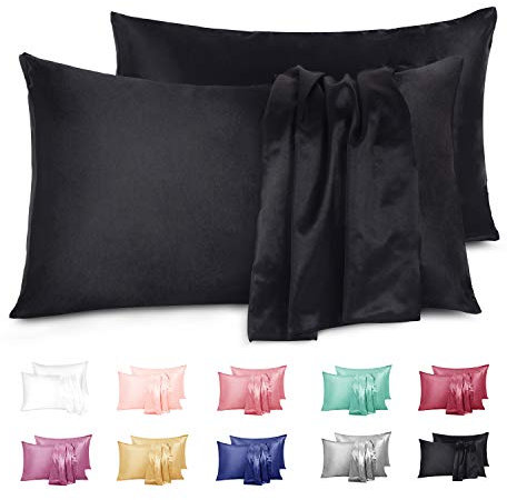Duerer Satin-Kopfkissenbezüge für Haar und Haut, Standard/Queen-/King-Size mit Hotelverschluss, Doppelpack, Mikrofaser, Schwarz, 50 x 66 cm (20x26)