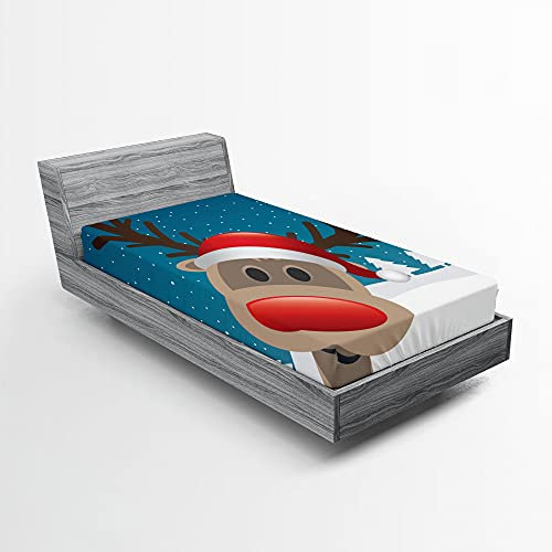 ABAKUHAUS Weihnachten Spannbetttuch, Noel Fun Nursery Cartoon, Soft Dekorativer Stoff Bettwäsche Rund-um Elastischer Gummizug, 90 cm x 200 cm, Red Brown Navy