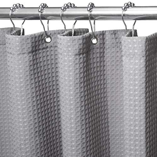 Waffel Duschvorhang mit Metall Duschvorhangringe Stoff Textil Badewannenvorhang Anti Schimmel Bad Vorhang Wasserdicht Badewanne Vorhang Schwerer Shower Curtain Badezimmer - 182 x 214cm (Dunkelgrau)