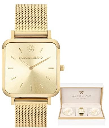 L'AMORE MILANO Damenuhr Rosenbox - Hochwertige Armbanduhr aus Edelstahl mit luxuriösem eckigem Design, wasserdicht 3 ATM - Elegantes Geschenk für Frauen, Freundin, Mutter - 28mm Damen Uhr Mesh Gold