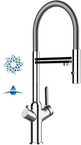 Rubinetto cucina 4 VIE per sistemi Frigogasatori e filtro acqua depuratore canna movibile e doccia staccabile 2 getti (Cromato)