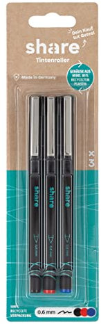 share Tintenroller 3er Set – Tintenroller Set spendet eine Unterrichtsstunde für ein Schulkind – langlebige Eco Tintenroller mit Patrone – rot, schwarz, blau