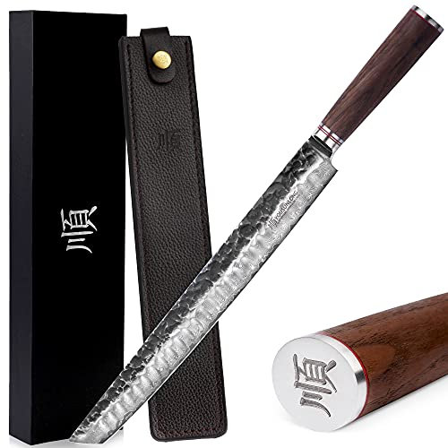 YOUSUNLONG Couteau à trancher Ultimate Sujihiki 330mm Couteau à trancher japonais - Acier Damas martelé VG10 japonais - Manche en noyer naturel avec étui en cuir et boîte cadeau…