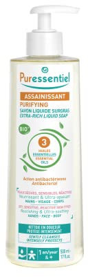 Puressentiel - Assainissant - Savon Liquide Surgras aux 3 Huiles essentielles BIO - Visage, Mains et Corps - Peaux Sèches, Sensibles et Réactives - Nettoie & Protège - Antibactérien - 500 ml
