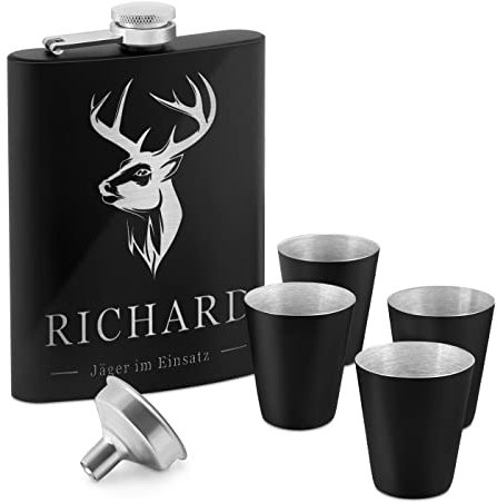 Maverton Flachmann Set 200 ml mit Gravur - Taschenflasche + 4 Schnapsgläsern 20 ml mit Trichter - Brustflasche für Männer - Farbe: mattschwarz - Hirsch