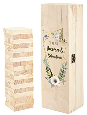 Herz & Heim® ausgefallenes Gästebuch für Hochzeit Wackelturm - personalisierte Geschenkverpackung Blumen