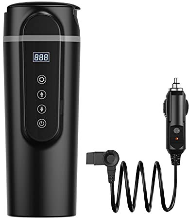 Riloer Bouilloire électrique de voyage 12 V/24 V, 420 ml, thermos de voyage pour voiture, camion, SUV, acier inoxydable, résistant à la chaleur et à la rouille, noir/blanc