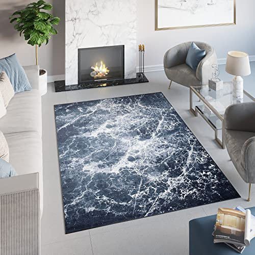 TAPISO Toscana Teppich Bedruckter Teppich Grau Dunkelblau Hell Marmor Waschbar rutschfest Wohnzimmer Schlafzimmer Büro Modern Design 140 x 200 cm