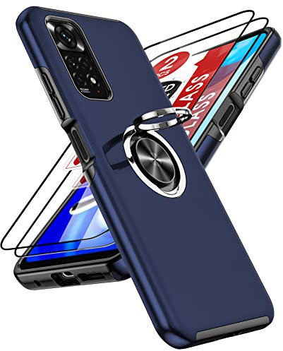 LeYi Coque pour Xiaomi Redmi Note 11/11S 4G(6.43) avec 2 Verre Trempé Vitre Protection et Anneau Telephone, Militaire PC et TPU Silicone Etui Antichoc Housse pour Redmi Note 11/11 S - Bleu