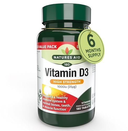 Natures Aid Vitamin D3 1000iu – High Strength Supplement for Bone, Muscle & Immune Support – Vegan, Non-GMO, Gluten-Free – Essential Nutrient – 180 Tablets