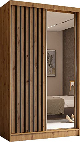 Moderner Kleiderschrank Schwebetürenschrank mit Spiegel und Holzlamellen 100 150 200 cm - Kleiderschrank für Schlafzimmer mit Schwebetüren - Kleiderstange - 120 cm - Eiche Artisan / Schwarze Lamellen