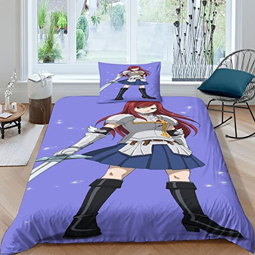 ELGISI Erza Scarlet Fairy Tail Bettbezug Bettwäsche Set - Bettbezug Und Kissenbezug Mikrofaser 3D Digital Print Dreiteiliger Bettwäsche 3 Single Single（135x200cm）