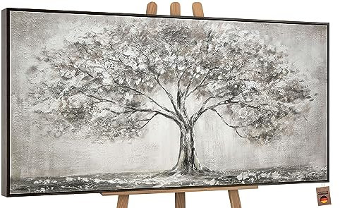 YS-Art Acryl Gemälde auf Leinwand handgemalt Lebensbaum Abstrakte Kunst Bilder Wohnzimmer Wandbilder modern mit grau Farben Grauen Farben mit Rahmen 200x100 cm