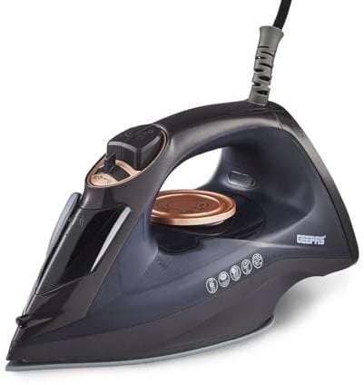 GEEPAS Steam Iron | Clothes Dry & Steam Press | 40s Fast Heat-Up, Vertical Steaming | Ceramic Soleplate & Adjustable Temperature| 220ml Water Tank with 0.8g/Steam Output | 2 Year Warranty 2400W Black