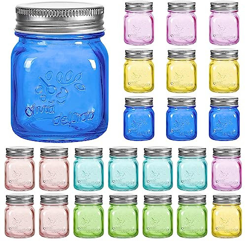 Amzcku Mini Colored Mason Jars 5 oz with Metal Lids - Glass jar for Jam, Honey, Candle, Canning, Wedding Favors, Shower Favors, Food Storage, Jelly, DIY Spice Jars, 24 Pack…