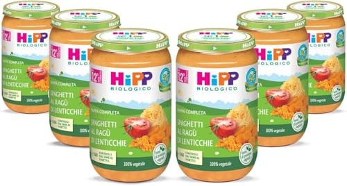 HiPP - Pappa Pronta Completa Bio, Spaghettini al Ragù di Lenticchie, per Bambini, 100% Vegetale, Senza Sale Aggiunto, 6 Vasetti da 250 gr