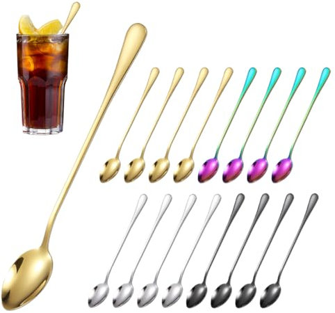 16Pcs Cucharas para Latte de Acero Inoxidable, HAOTIAN-X Cucharas de Café con Mango Largo de 4 Colores, Cucharas Agitadoras para Postre, Sundae, Helado, Espresso, Bebidas Calientes 19.5cm / 7.7in