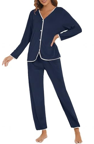 HANERDUN Pigiama Donna Invernale Caldo Set Pigiama in Cotone Pile 2 pezzi Top con Maniche Lunghe a Spalla Abbottonata e Pantaloni a Tinta Unita