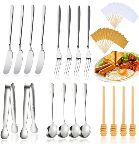AICMEI 18 Pieces Charcuterie Board Accessories Stainless Steel Cheese Butter Spreader Knives Set Include Mini Serving Tongs, Knives, Spoons, Forks, Honey Dippers for Wedding Christmas Party(Silver)