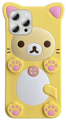 IAIYOXI 3D Cute Cartoon Bear Phone Case for iPhone 14 - Fashionable and Stylish - Funny Pink Bear Design - Soft TPU Protective Case - Kawaii Silicone Cover for Women, Girls, and Kids (Yellow)