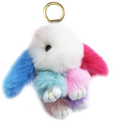 Xsclpomddy Porte-clés lapin mignon en peluche avec pompons, sac à main, décoration de clé de voiture, Arc-en-ciel, 15 cm