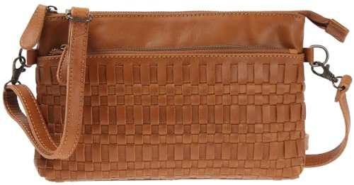 LECONI Umhängetasche und Clutch in einem – Ledertasche für Frauen Damentasche aus echtem Büffel-Leder für Festival Freizeit Events Damen geflochtenes Leder 27x17x4cm cognac LE3081-buf