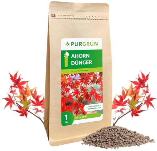 Purgrün® Ahorn-Dünger 1 kg – Organisch-mineralische Rezeptur – Feinkörniges Krümelgranulat – NPK 5+4+6 – Mit Magnesium & Tonmineralien – Extra Kalium für Widerstandsfähigkeit – Für gesunde Ahornbäume