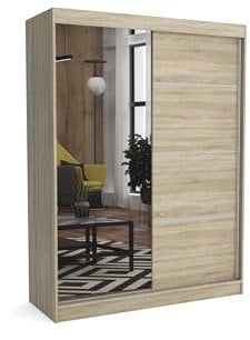 Brent - Kleiderschrank mit Spiegel Tom, 160cm Breit, Schlafzimmerschrank mit 1 Kleiderstange und Einlegeböden für Kleidung, Kleiderschrank Sonoma Eiche