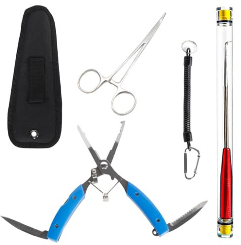 Vueinrg 3 Pezzi Slamatore Pesca Trote, Portatile Forbici da Pesca Pinza da Pesca con Cordino per Rimozione Ami, Anello Diviso, Regalo per la Pesca per Uomini