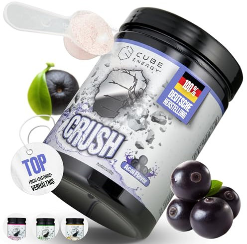 Cube Energy Crush Pre Workout Booster - 2in1 Fokus & Pump - 300 mg Koffein - Hochdosiert mit Markenrohstoffen - Ohne Crash - Made in Germany - 550g (22 Portionen) - Acai