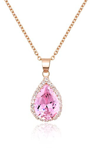 Linawe Pink Crystal Necklace, Rose Gold Chain Imitation Diamond Pendant Cubic Zirconia Birthstone Rhinestone Teardrop Necklace, Preppy Bridal Wedding Bride Boho Jewellery