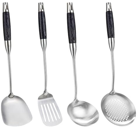FJNATINH Lot de 4 spatules pour wok, louche, cuillère à mousse et spatule fendue, 36-39 cm, passe au lave-vaisselle