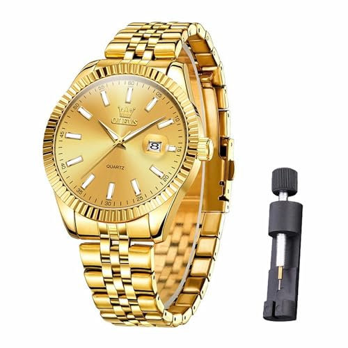 Raitown Herrenuhr Edelstahl 42mm Großes Zifferblatt mit Leuchtindizes und Datumsanzeige 30M Wasserdicht Analog Quarzwerk Klassisches Design Männer Armbanduhr Golden
