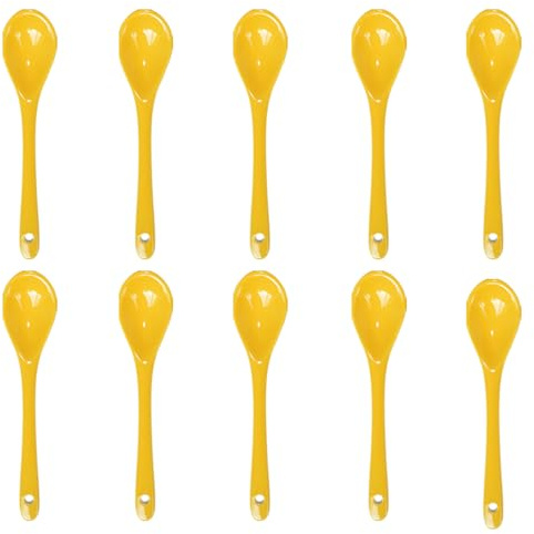 Pirhosigma 10 pcs Yellow Porcelain Egg Spoons Ceramic Spoons 4.7 inch Coffee Spoon Dessert Yogurt Tea Milky Tea