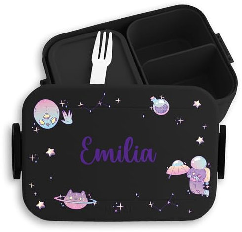 Kinder Bento Box Midi Lunchbox für Mepal Bentobox - Weltall Weltraum - Alien Astronaut UFO Weltraumkatze Galaxie Außerirdisch - 900 ml - Schwarz - brotdose jungen schule nasa außerirdische