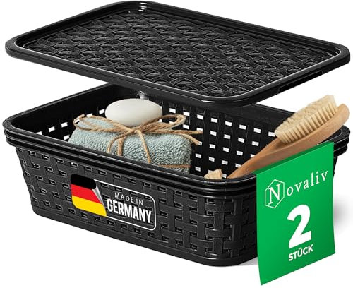 Novaliv 2er Set Eleganter Aufbewahrungskorb mit Deckel in Rattan-Optik | Schwarz Lebensmittelecht Kunststoff 1L ? Perfekt für Bad & Kleidungsaufbewahrung. Aufbewahrungsbox Badezimmer Körbchen.