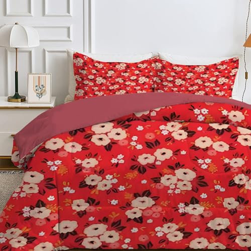 Qiwagu Bettdecke 135x200 4 Jahreszeiten, Wende Pinke Blumen Steppdecke Waschbare, Bettdecke ohne Bezug Nutzbar, Leicht Weiche Schlafdecke 200GSM, Ganzjahresdecke Rot mit 1 Kissenbezug (ohne Kissen)