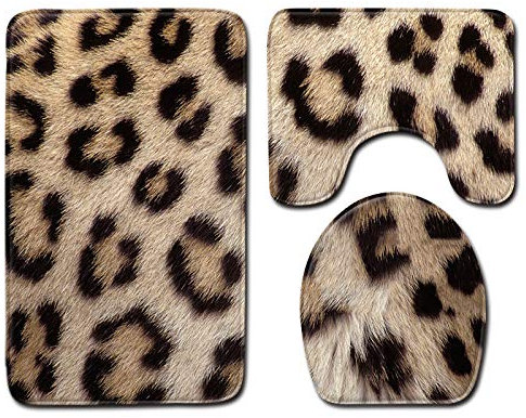 Bad Teppiche Set 3-Teiliges Beige Leopard Print WC Vorleger Mit Ausschnitt Badematte Saugfähig WC Deckelbezug Badvorleger rutschfest Waschbar Toilettensitzbezug Badgarnitur (50x80cm)