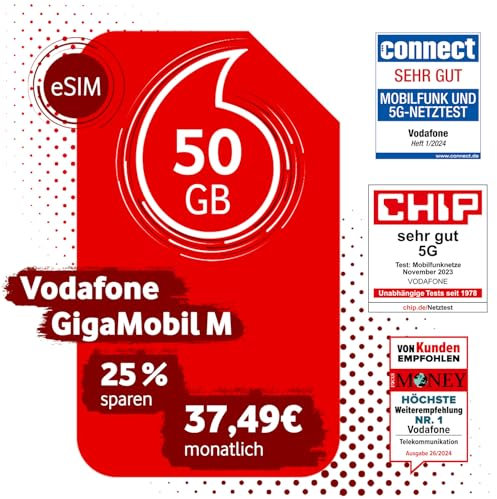 Vodafone GigaMobil M eSIM | 25% Dauerrabatt auf den Basispreis | 24 Monate Vertragslaufzeit