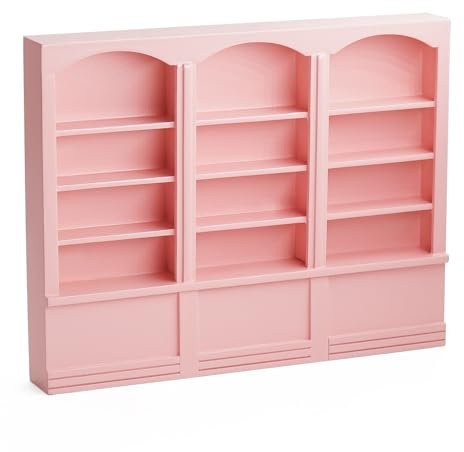 Odoria Puppenhaus Bücherregal Vitrine Miniatur: 1/12 Maßstab Wandregale Rosa für Bücher Bibliothek Schule Büro - Mini Regal Wand Holz Möbel Niedlich Wohnzimmer