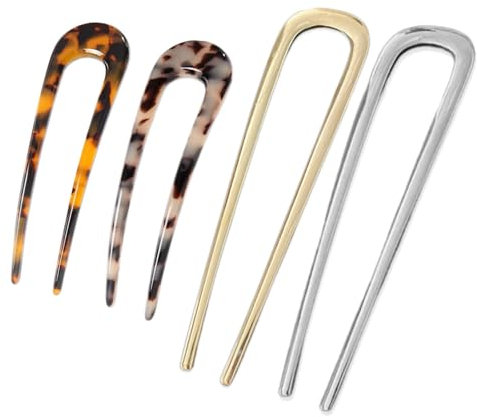 KEYRI Juego de 4 Piezas Horquilla Francesa Exquisita Horquilla en Forma de U Horquillas de Oro y Llata Horquillas de Carey Claro y Carey Oscuro Adecuado para Mujeres y Niñas (Metal y Acetato)