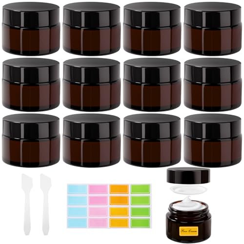 Vikcvcsc 12 Stück Amber Glas Leerdose 30ml, Creme Behälter mit 2 Spatel und 16 Etikett, Cremedosen zum Befüllen, Salbentiegel, Reise Probenbehälter für Kosmetika, Lotionen, Cremes