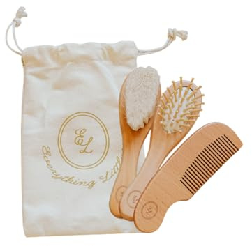 Everything Littles Baby Brush Set Wooden 3 Pieces Massage Brush Soft Goat Hair Cradle Cap Brush and Sturdy Wooden Comb for Tangle Free Baby Hair Care Pulling Free Gentle on Baby Scalp