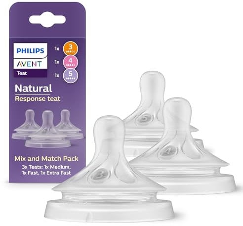 Philips Avent Natural Response Mix & Match Teat Pack, 3 Natural Response Teats with Different Flow Rates - Medium (Flow 3), Fast (Flow 4) and Extra Fast (Flow 5), 3-Pack, SCY960/03