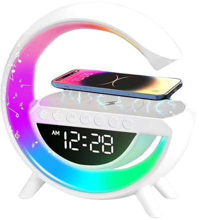 Atmosphere Lamp with 15W Wireless Charger, LED Alarm Clock, Dimmable Ambient Light, Smart Table Lamp with Bluetooth Speaker, and Dazzling Running Lights – 13 Modes for Adults, Kids, Office, Bedroom