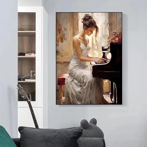Vintage Elegante Frau Klavier Gemälde Druck auf Leinwand Musik Kunst Figur Poster und Drucke für Wohnzimmer Wohnkultur 20x30cm Rahmen