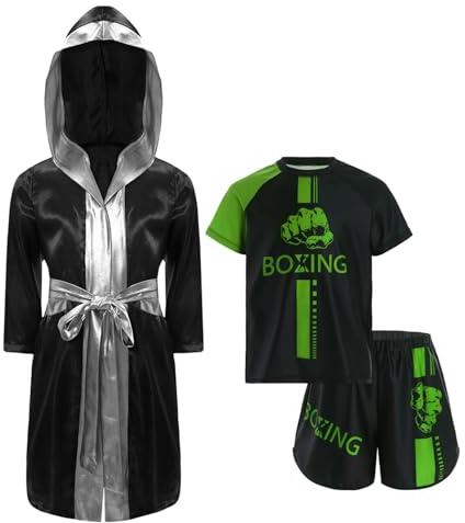 Yihuimin Bambini Ragazzo Completo Accappatoio Pantaloncini Da Boxe E Tshirt Vestito Con Cappuccio Kick Boxing Combattimento Muay Thai Mma Abbigliamento Sportivo Verde 9-10 anni
