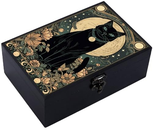 CREATCABIN Tarot Aufbewahrungsboxen Holz Hexenbox Schwarze Katze Holz Tarot Box Für Karten Kristallhalter Rechteckige Schmuck Andenkenbox Dekorativer Aufbewahrungsbehälter Für Schmuck 11x16.5x5.8cm